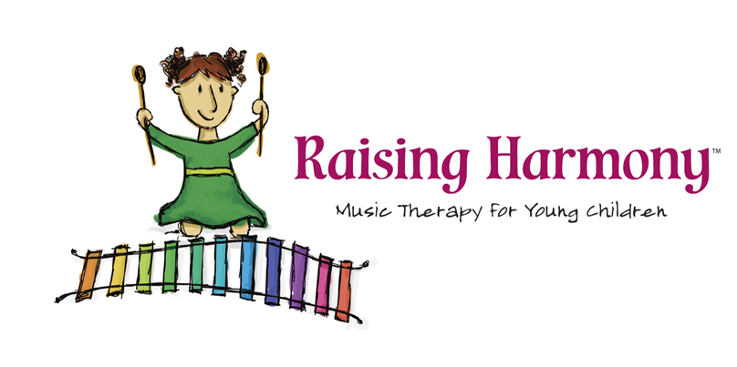 Logo for Raising Harmony with young girl playing a multicolored xylophone