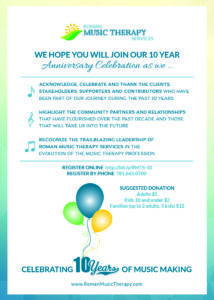 Roman Music Therapy Services 10th Anniversary invitation schedule back