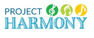 Project Harmony Logo text with three circles with music symbols in shades of green and blue