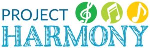 Project Harmony Logo text with three circles with music symbols in shades of green and blue