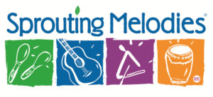 Sprouting Melodies logo which features illustrations of maracas, an acoustic guitar, triangle, and drum in green, blue, purple, and orange.