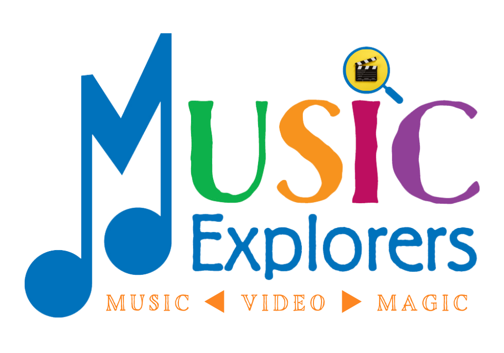 Music Explorers logo - in multi-colored font with a magnifying glass revealing a clapboard or slate used in film. Accompanying text includes "Music. Video. Magic."