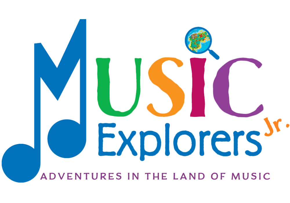 Music Explorers Jr. logo - in multi-colored font with a magnifying glass revealing a treasure map. Accompanying text includes "Adventures in the Land of Music."