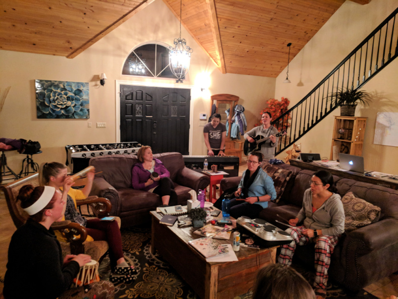Music therapy business owners playing and creating music together at the 2019 MTBO retreat led by Meredith Pizzi, MT-BC.